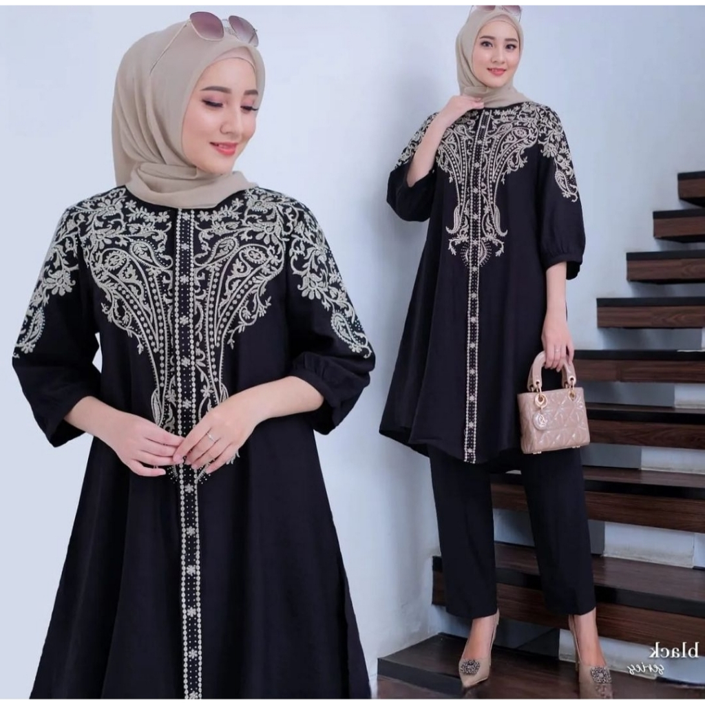Berilda Set / Setelan Wanita Syari Atasan Dan Celana Bahan Crinkle Mix Bordir Premium LD 100CM LD 11