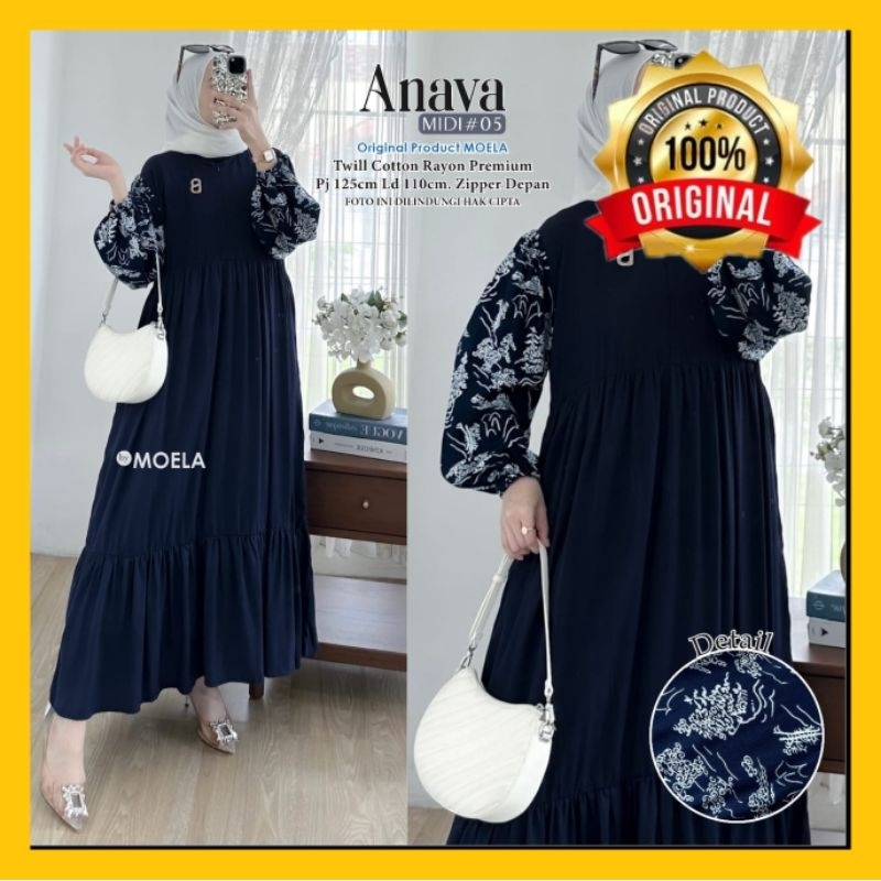 MIDI DRESS RAYON POLOS KOMBINASI MOTIF BUNGA WANITA MUSLIM LENGAN PANJANG TERBARU WARNA BIRU NAVY AN