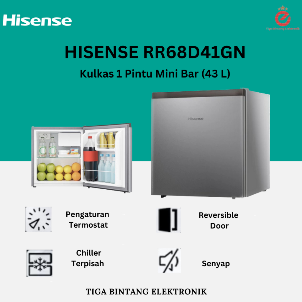 HISENSE KULKAS MINI PORTABLE 46L MINI BAR RR68D41GN