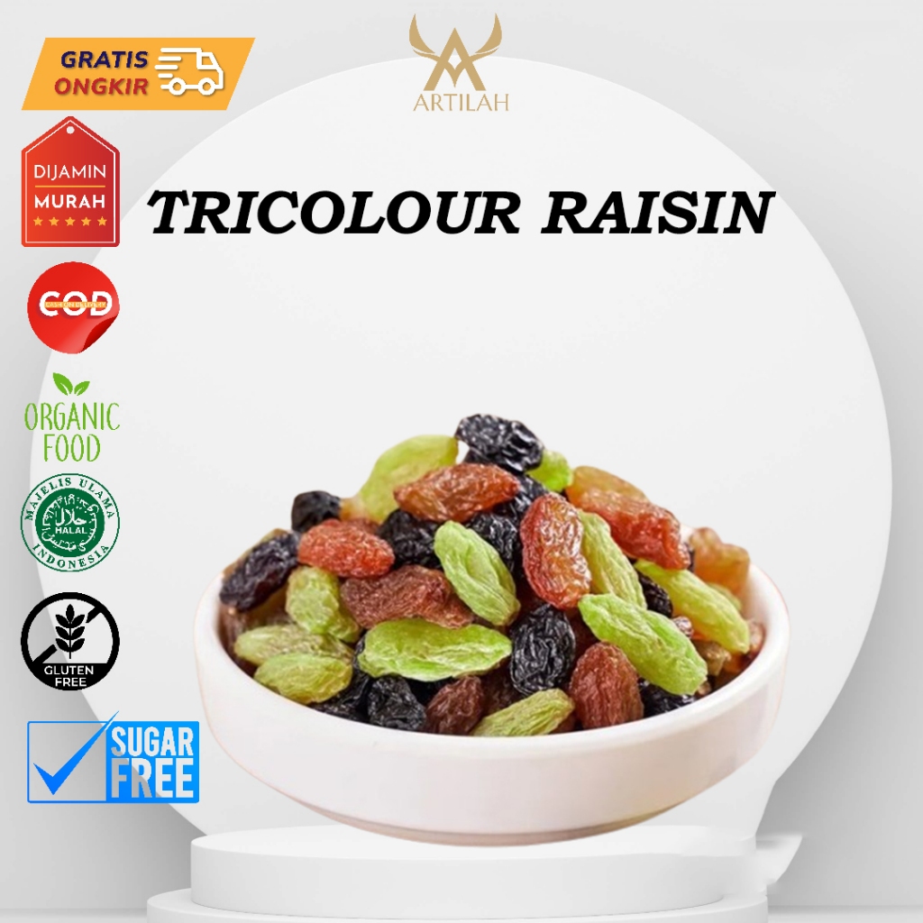 

Tricolour Raisins Unsweetened 500gr(1/2kg) / Kismis Emas, hijau dan Hitam / Kismis 3 warna /camilan food Snacks
