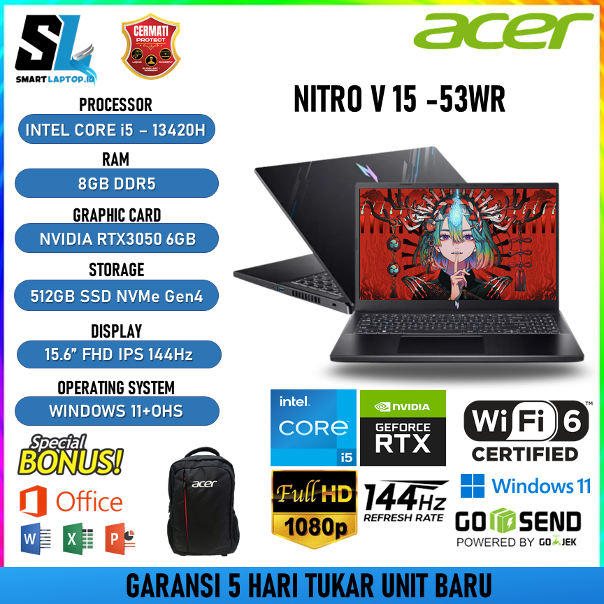 ACER Nitro V 15 ANV15-51 i5-13420H RTX3050 512GB 15.6" FHD 144Hz W11 OHS