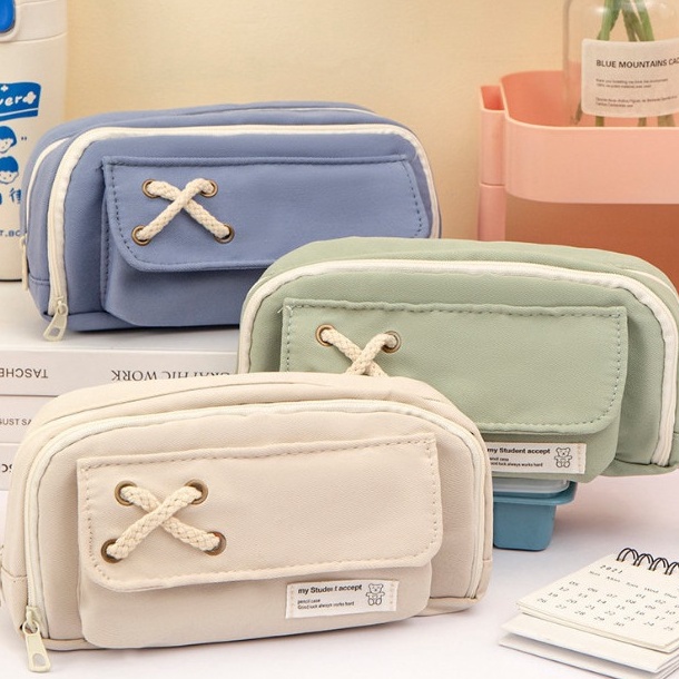 

KODE F16I Tempat Pensil Model Pita Silang Kotak Pensil Tali Rami Ritsleting Ganda Bahan Kanvas Pouch Tempat Alat Tulis Perlengkapan Sekolah Kantor Dua Sisi Resleting