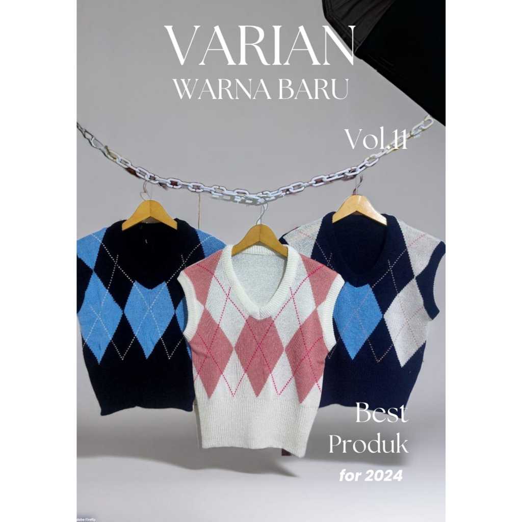 Korean Diamond Plaid Knit Vest Crop Top Rompi Rajut Korea