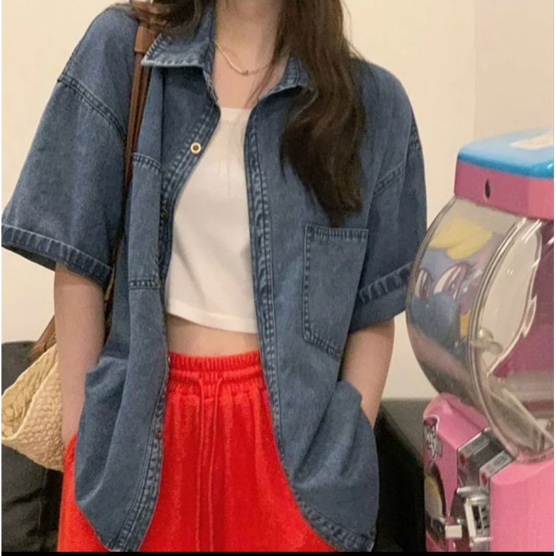 KEMEJA JEANS WANITA LENGAN PENDEKOUTER JEANS WANITA KODE Q5F2