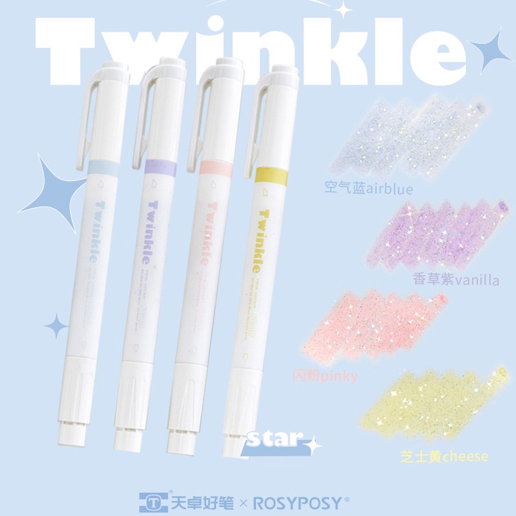 

ROSYPOSY TWINKLE GLITTER TWIN TIP HIGHLIGHTER PEN 4 COLORS o FG4