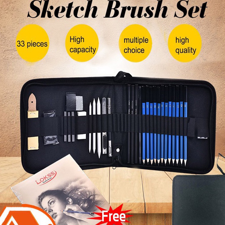 

33PCSSet Sketch Pensil Pisau Penghapus dan Pensil Gambar untuk Keperluan Sekolah Pencil Drawing Set w F3X7