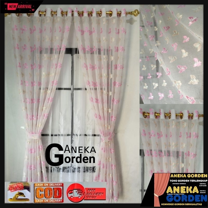Gorden Rumah Vitrase Ruby Terbaru Motif ruby bordir kupu kupu elegant Model Smokring Ukuran L.140×T.