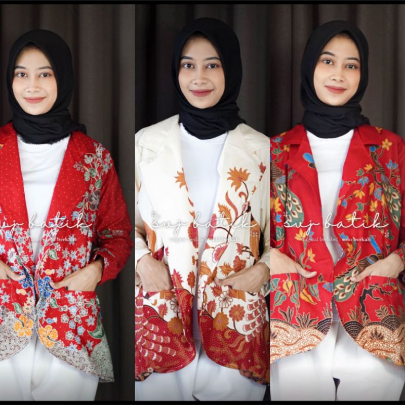 Blazer Wanita Nuansa Batik Merah putih/Bahan katun