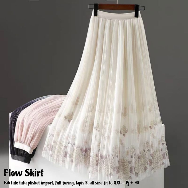 FLOW SKIRT - Rok Pj 90 Cm Bahan Tule Tutu Plisket Premium Full Furing 3 Lapis Pinggang Karet Melar O