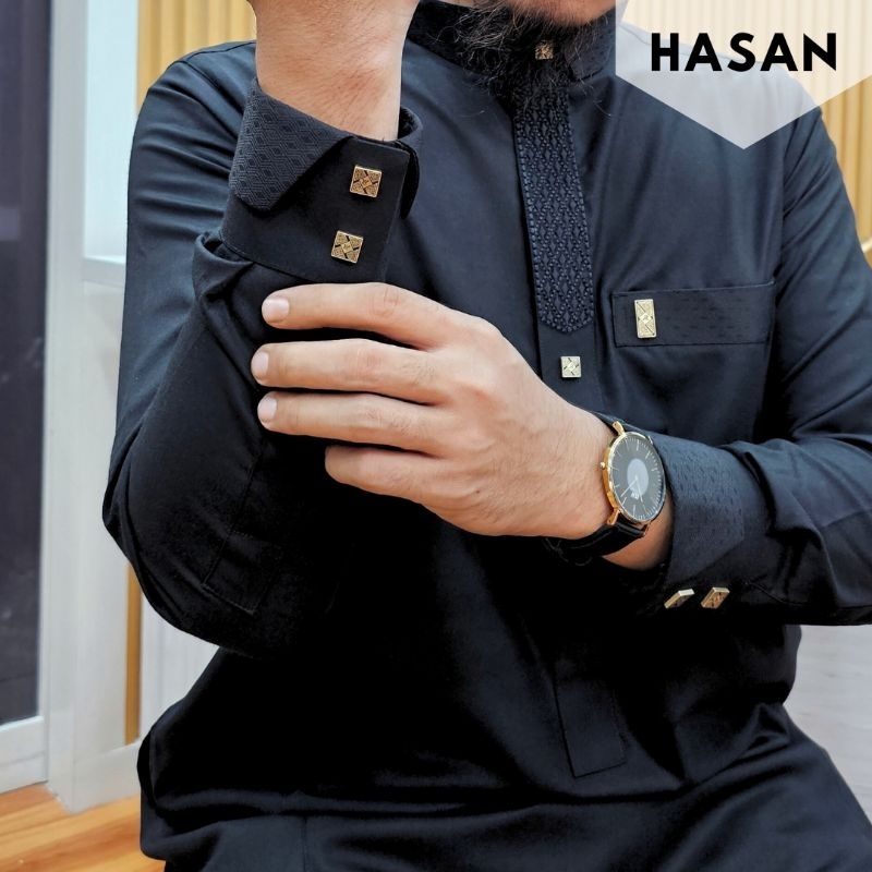 Jubah Al Raz HASAN Hitam Premium Lengan Manset Gamis Pria Alraz