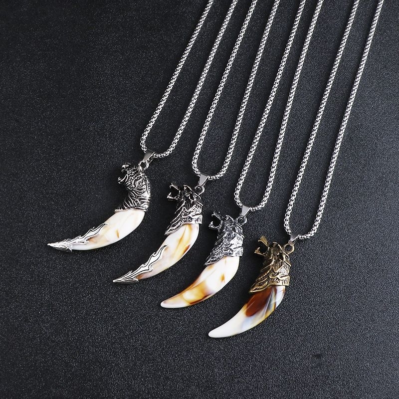 Kalung Taring Serigala Putih Coklat Variasi/Kalung Bruce Lee Motif Gigi Serigala / Aksesoris Fashion