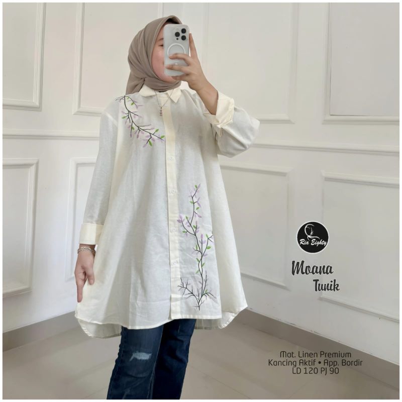 Moana tunik bordir wanita katun linen rami LD 120CM