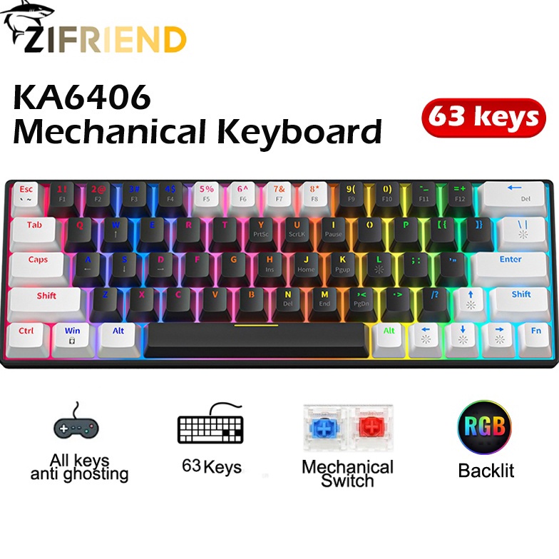 ZIFRIEND KA646 63 Keys RGB Backlit Wired Black Mechanical Keyboard x A6N3