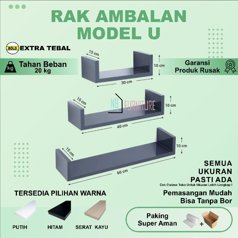 RAK AMBALAN DINDING MINIMALIS,RAK BUKU MODEL U.(LEBAR TATAKAN 15CM)