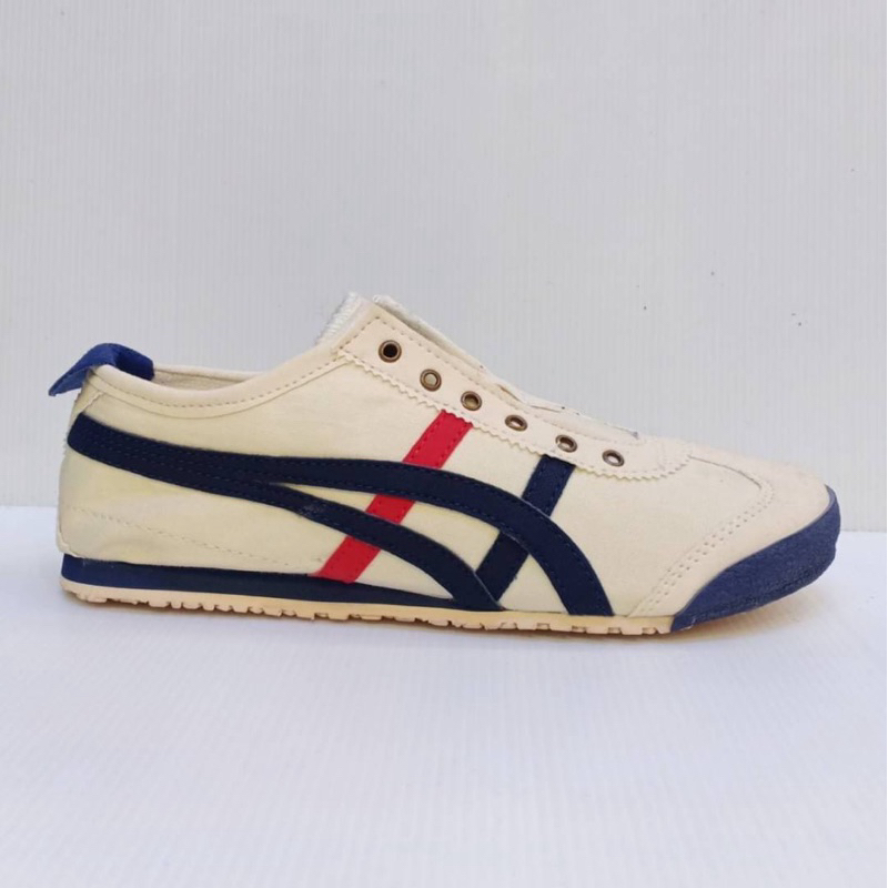 Sepatu Onitsuka Slip On crem nevi merah
