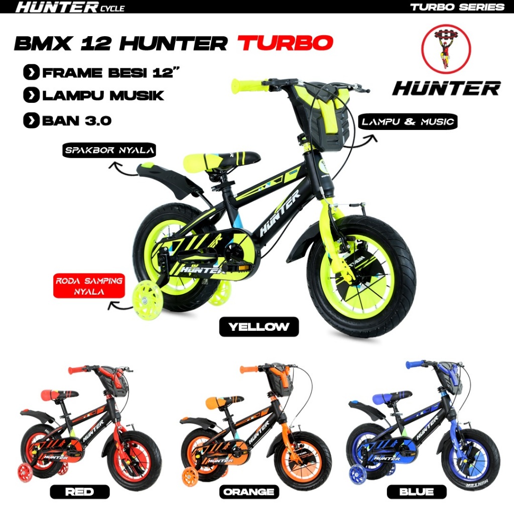HUNTER TURBO 12 in SEPEDA BMX BAN BESAR 3.0 MODEL TEBENG LAMPU + MUSIK RODA SAMPING UNTUK ANAK COWOK