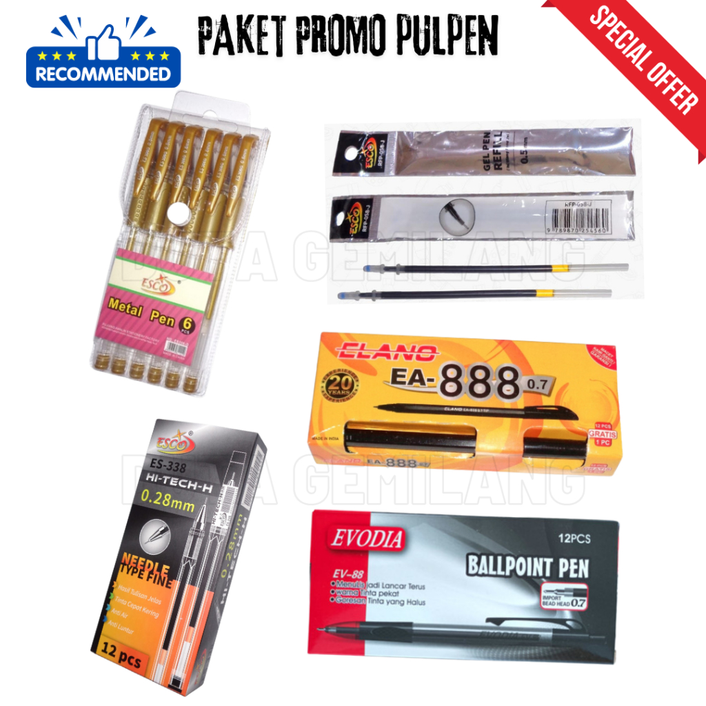 

Paket Promo Murah - Pulpen Gel - Pulpen Tinta Emas - Pulpen Mata Jarum - Bayar di Tempat