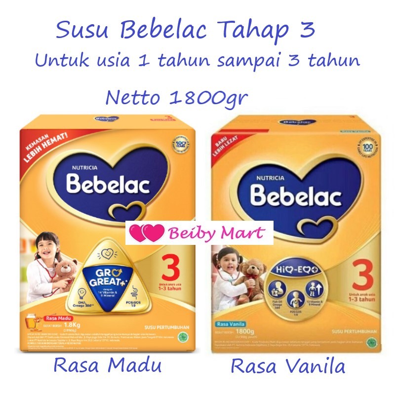 Susu Anak BEBELAC Tahap 3 (Usia 1-3 Tahun ) Rasa Vanila / Madu Netto 1800gram