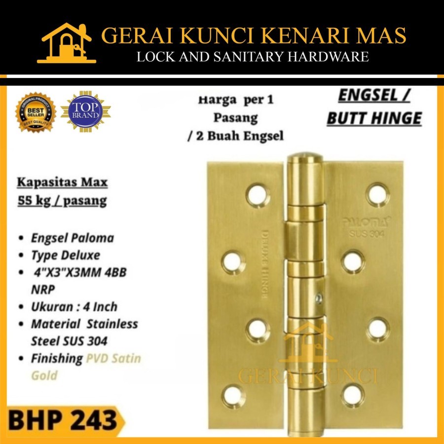 Engsel Pintu BHP 243 PALOMA 4 Inch 4"x3"x3MM 4BB NRP SATIN GOLD