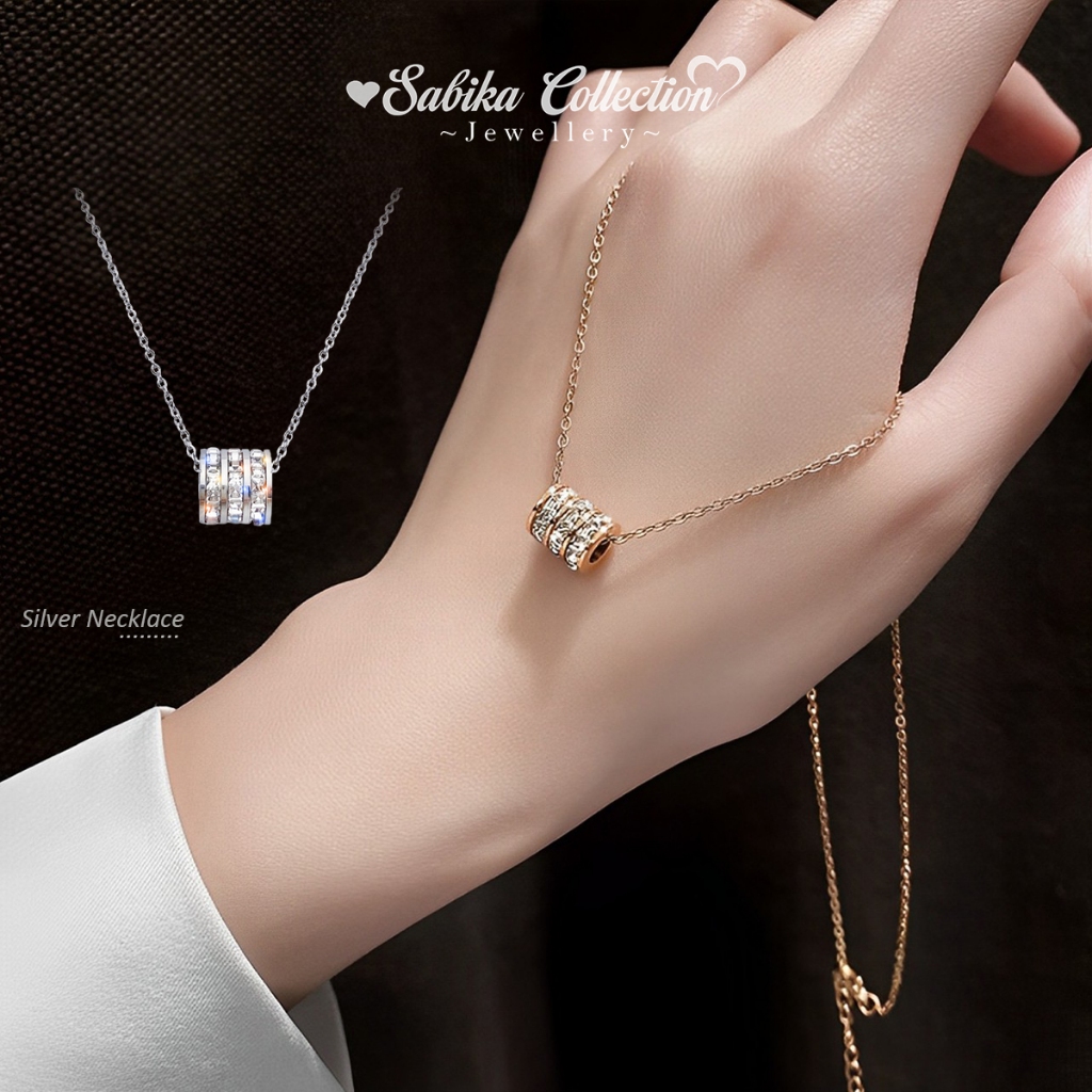 Kalung Wanita Roll Tiga Berlian Titanium Anti Karat Three Diamond Roll Silver Necklace
