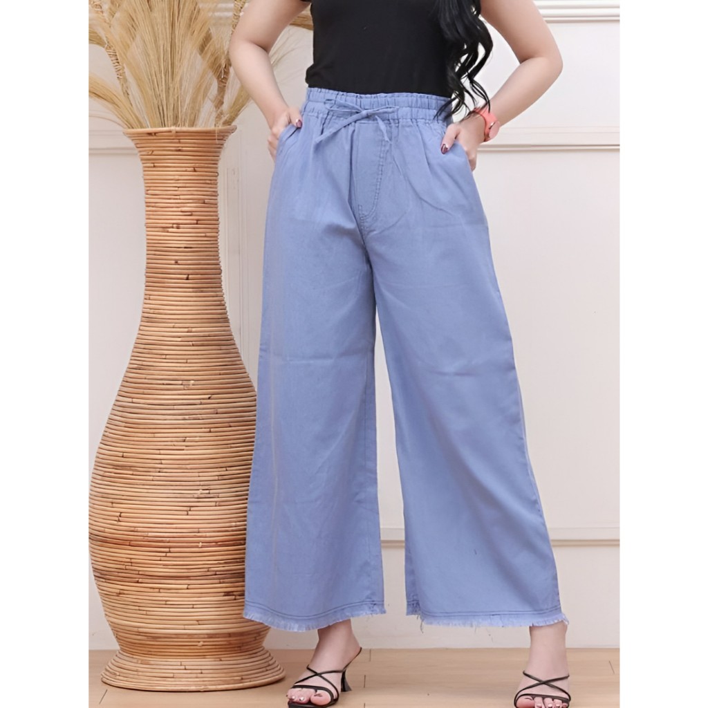 Kulot celana jeans wanita pinggang karet kulot rawis