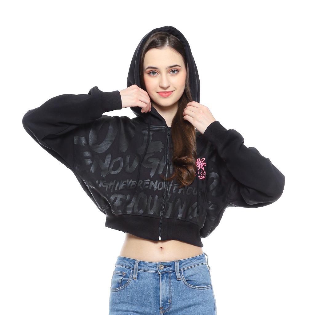 Kuiy - Enough - Sweater Crop Oversize Hoodie Lengan Panjang Wanita Zipper Zip Up Hitam Full Print Th