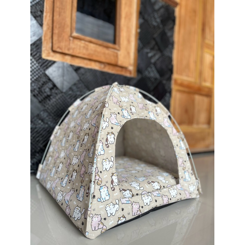 kandang kucing tenda tempat tidur kucing bonus bantal bahan kanvas motif kucing
