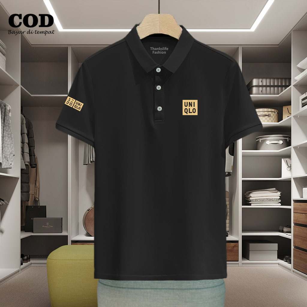 Baju Distro Style Polo Kerah Uniqlo + Lengan Text Gold Kaos Polo T Shirt Denim Premium Quality Atasa