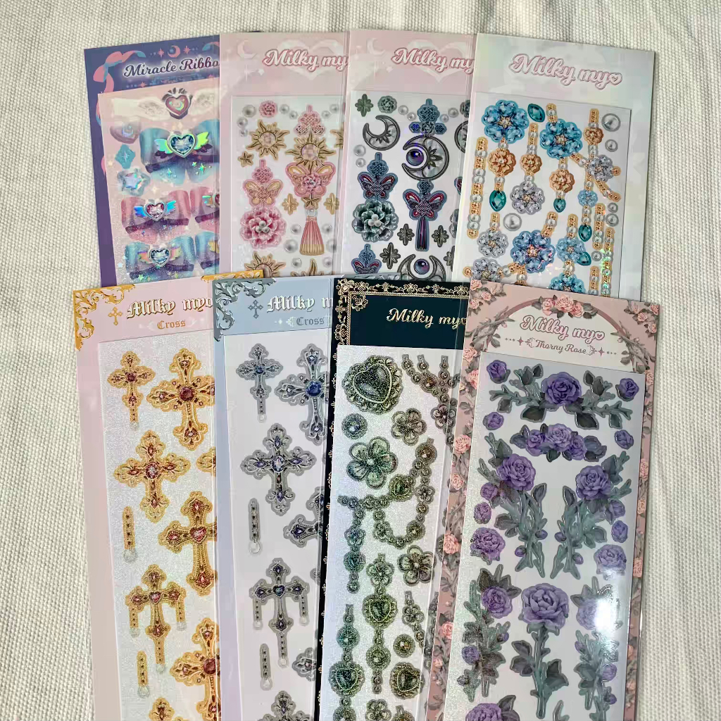 

Milky myo sticker korea polco deco jewel, beads, butterfly, pink, sparkle, pearl, cloud, rose, ribbon, chain, flower, cross, gold, silver