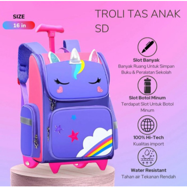 Promo Tas Troli Anak Perempuan Ransel Trolley Import Unicorn Tas Sekolah ORI - Ungu Diskon