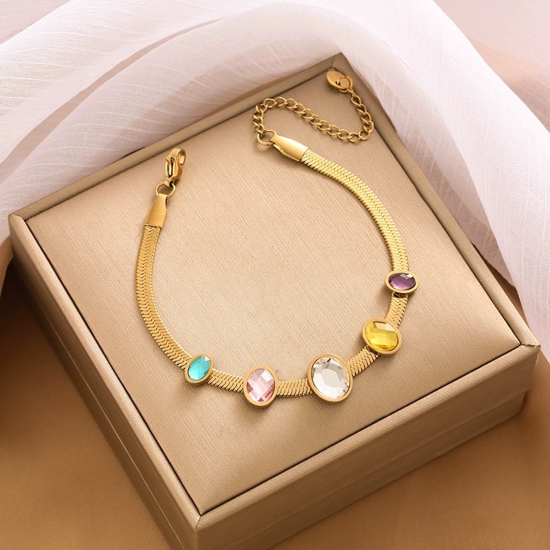 G103 Gelang Tangan Titanium Premium Wanita Rantai Pipih Kombinasi Permata Warna Warni Hijau Pink Put