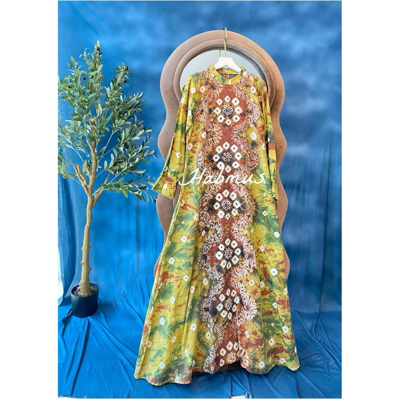 gamis jumputan Palembang asli tenun silky