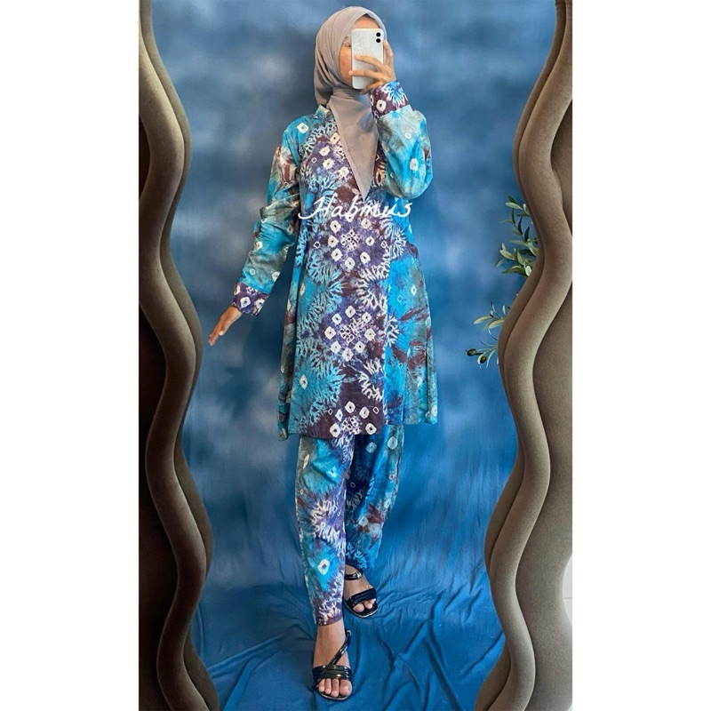 setelan celana jumputan Palembang asli tenun silky