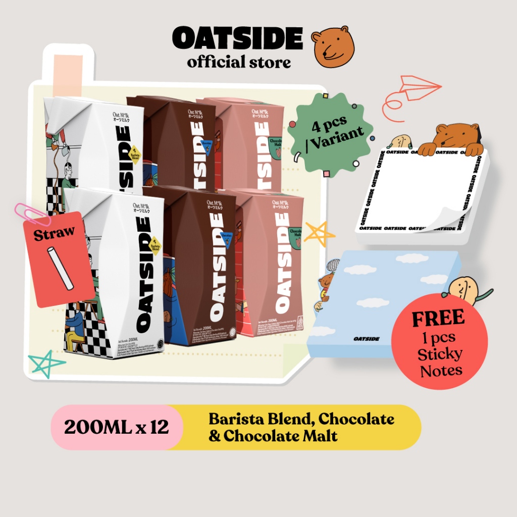 

OATSIDE Mini Oat Milk BB, Chocolate & Chocolate Malt 200ml (12pcs) (Straw) + FREE Sticky Notes OATSIDE