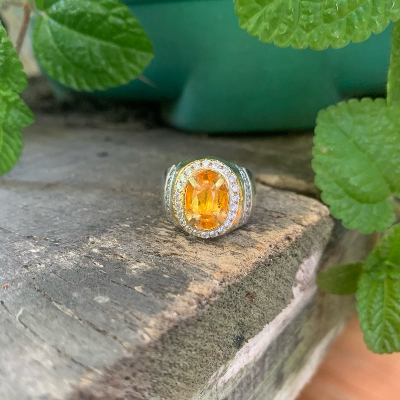 Cincin Batu Permata Natural Yakut Vivid Yellow Saphire Ring Perak Handmade Size 7,5