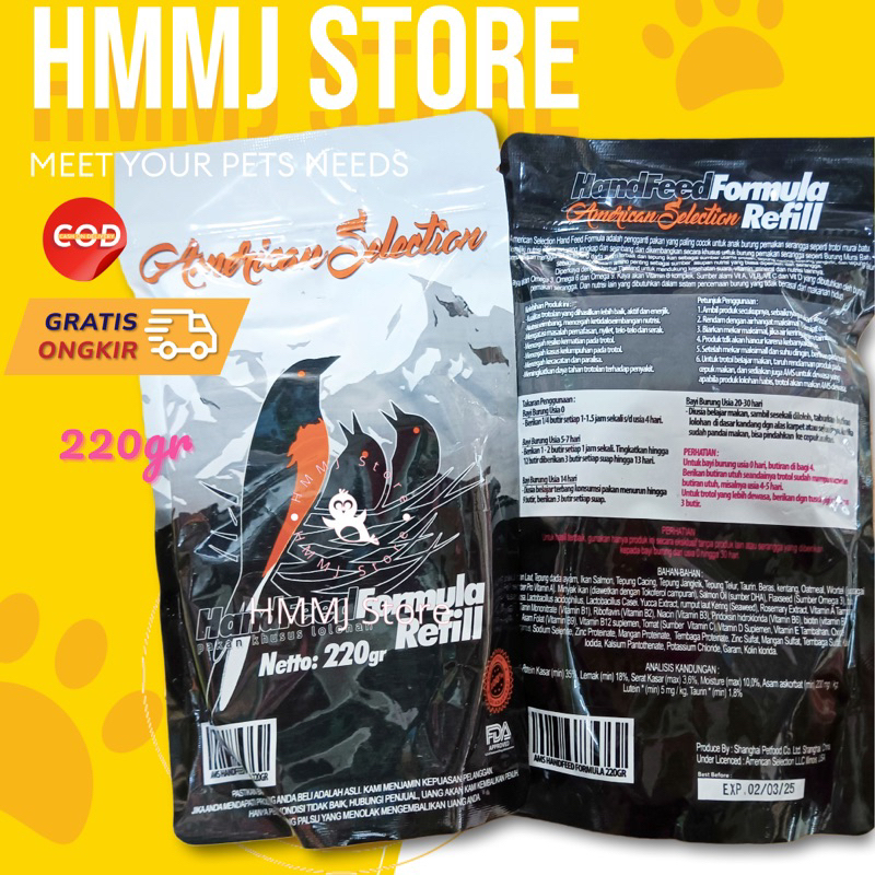 AMS American Selection HandFeed Formula Refill 220gram Pakan Voer Lolohan Burung Murai