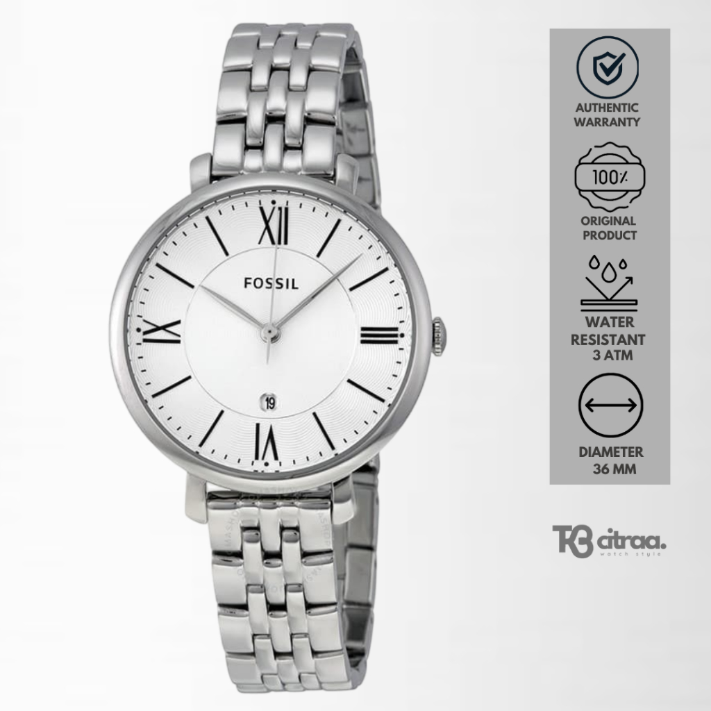 jam tangan fashion wanita Fossil Ladies Jacqueline analog strap rantai silver White Dial Stainless S