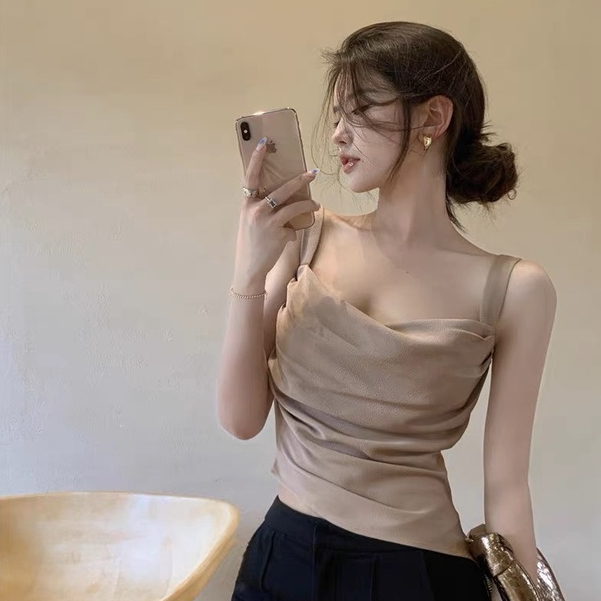 asymetry gold satin blouse tank top premium crop tanktop square neck brown shinning sexy fit body wo
