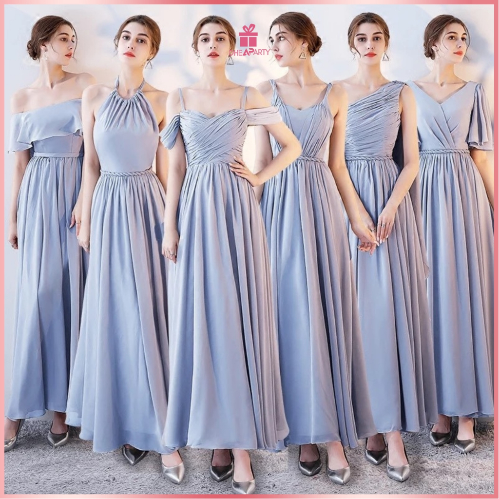 DP Gaun Wanita / Gaun Bridesmaid Style Korea Terbaru / Dress Polos Long Comfort Grey Blue Gaun Pesta