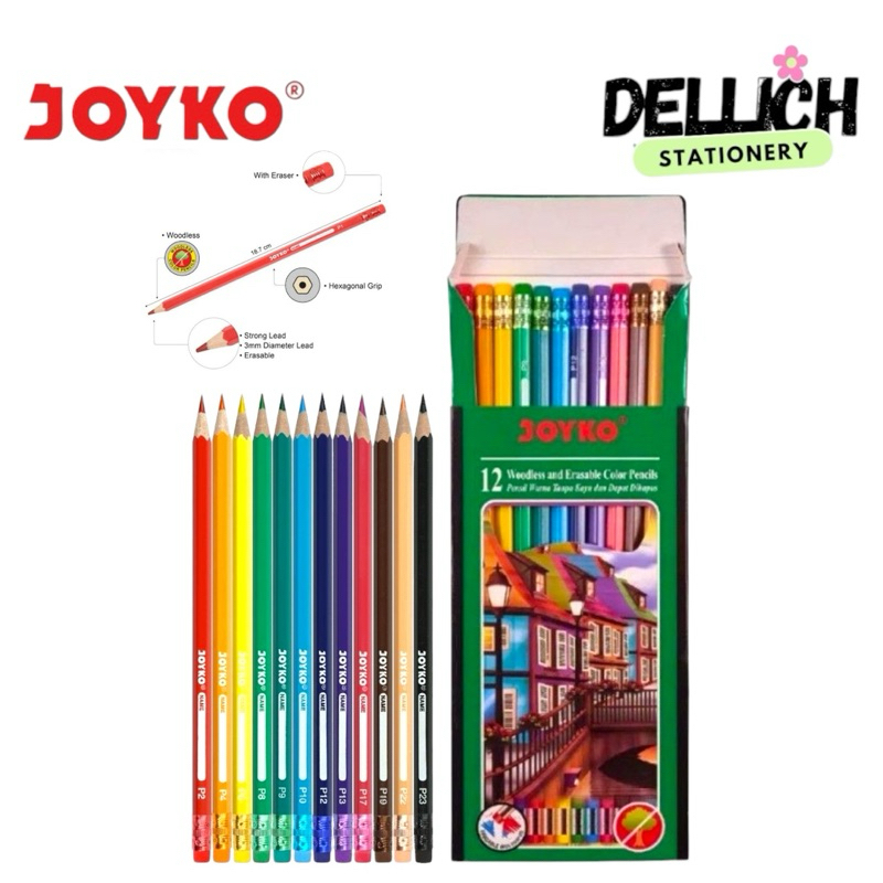 

PENSIL WARNA PENGHAPUS / ERASABLE 12 WARNA PANJANG JOYKO CP-109