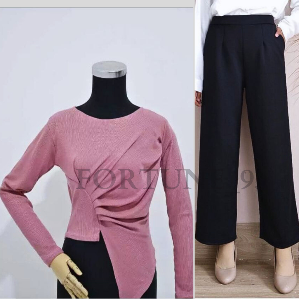 Setelan Atasan Knit Wanita Korean Top Celana Kulot Scuba Putih Hitan Baju Knit Wanita Lengan Panjang