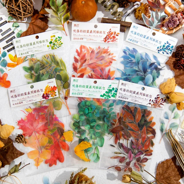 

15pcs/pack PET sticker bag with blown off leaves a series of plant collage decorative materials