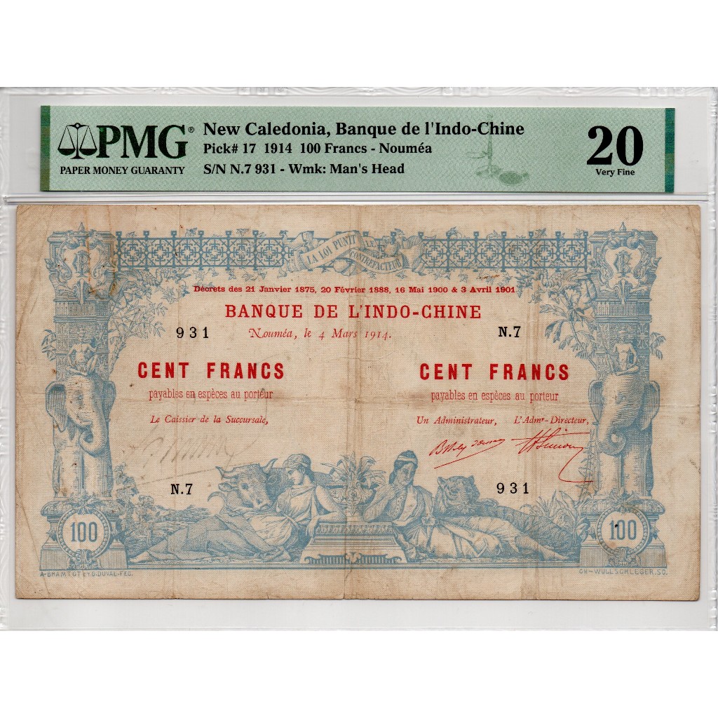 Uang Kuno New Caledonia 100 Francs 1914 Pick 17 Rare (PMG 20 VF)