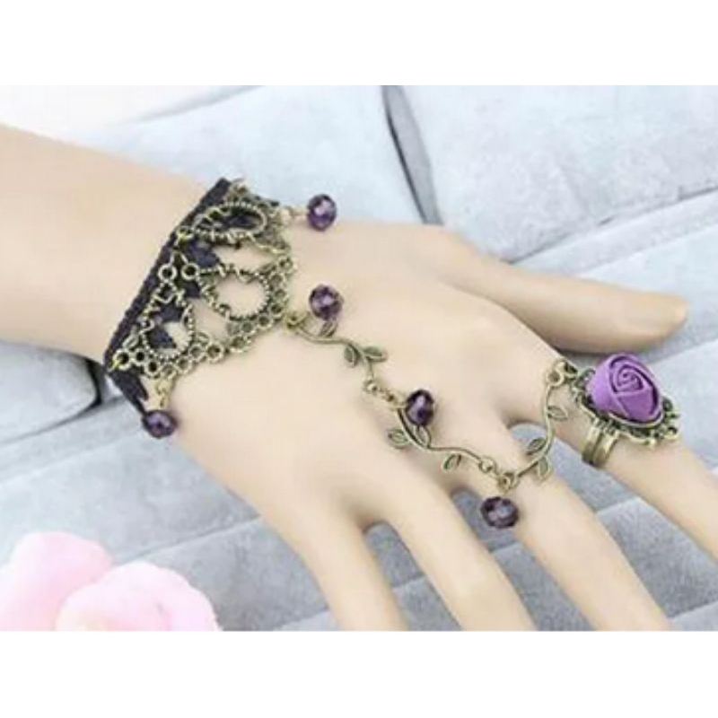 Gelang tangan cincin lace vintage motif bunga dengan rantai sambung