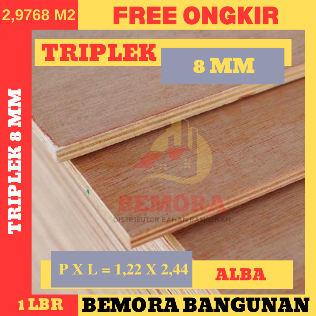 Triplek cor 8 mm Alba Uk 122 x 244 (Harga Grosir & Free Ongkir)