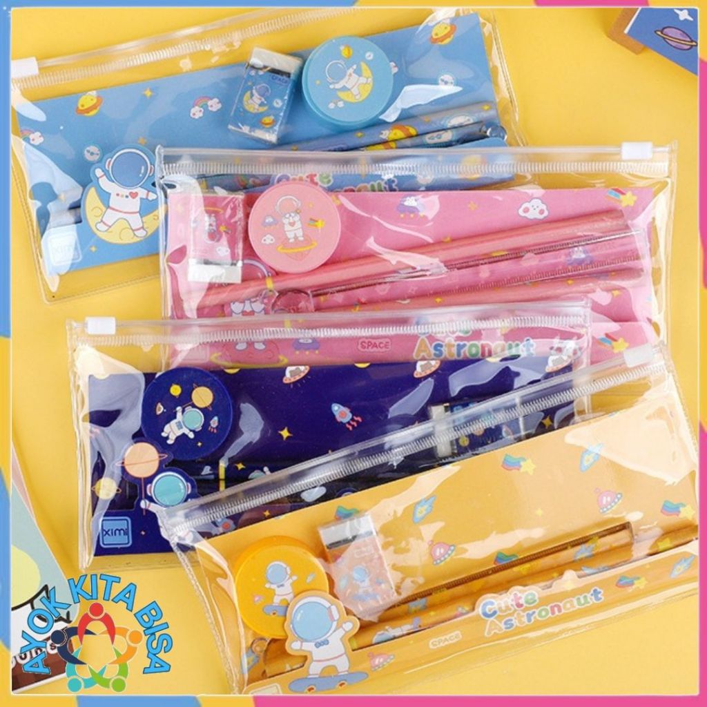 

AKB Alat Tulis Set Mini Anak Sekolah Penghapus Penggaris Pensil Serutan Stationary Set Alat Tulis 5 In 1 Karakter Lucu Warna-Warni Astronot Stationary