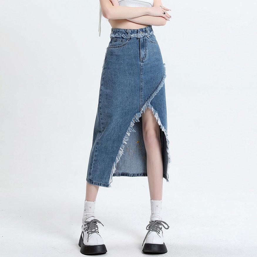 < elegan.girl > rok korean style jumbo a line denim skirt rok jeans panjang celah vintage kekinian c