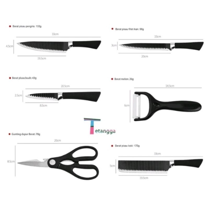 Satu set pisau dapur,pisau hitam gelombang.