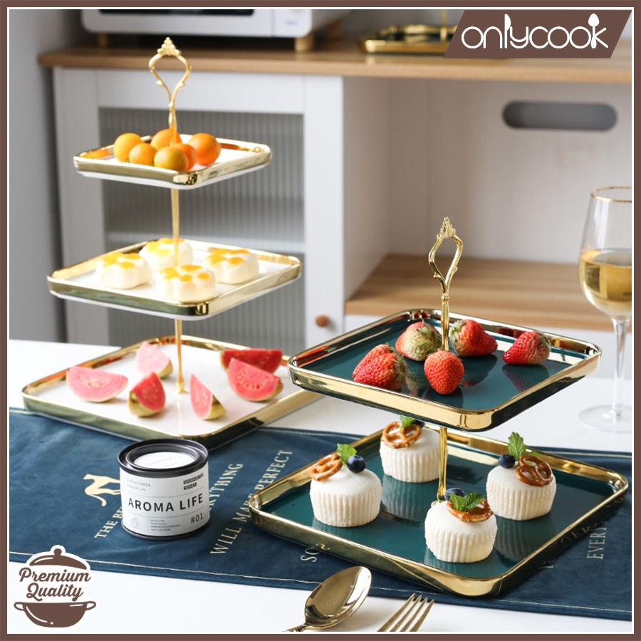 Piring Saji Tingkat dengan Perpaduan List Gold Elegan/Piring Kue Mewah /Piring Kue Tingkat Elegan