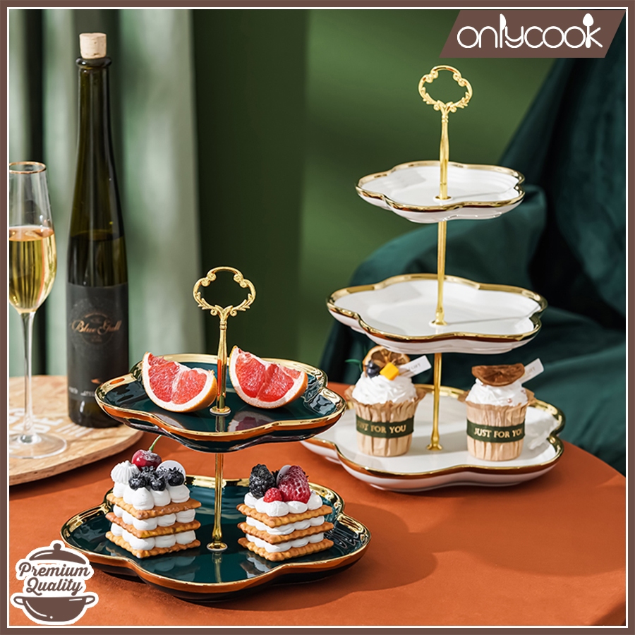 HJK Piring Saji Tingkat Dengan Perpaduan List Gold Elegan/Piring Kue Mewah /Piring Kue Tingkat